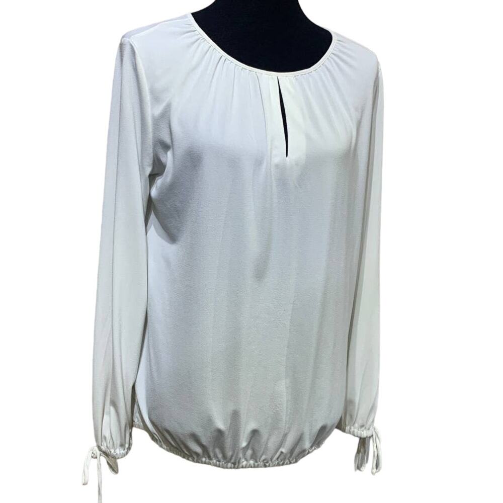 Beige by Eci Medium Long Sleeve Gathered Flowy Polyester Blend Keyhole Blouse